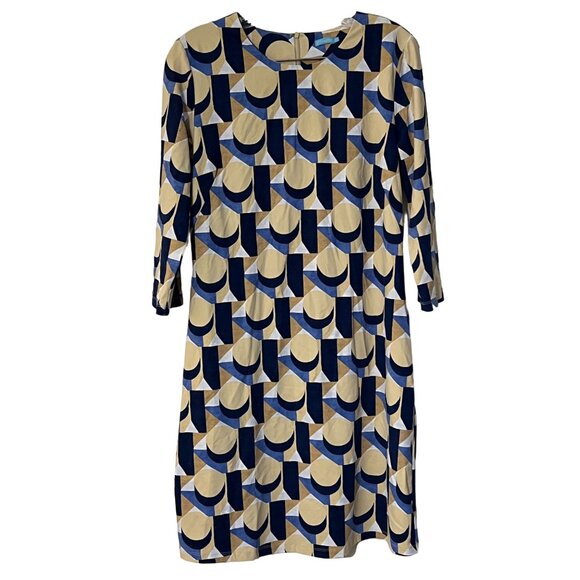 J. McLaughlin Sophia Dress Blue Tan Geometric Print Women's Size Large Stretch S - Picture 2 of 5